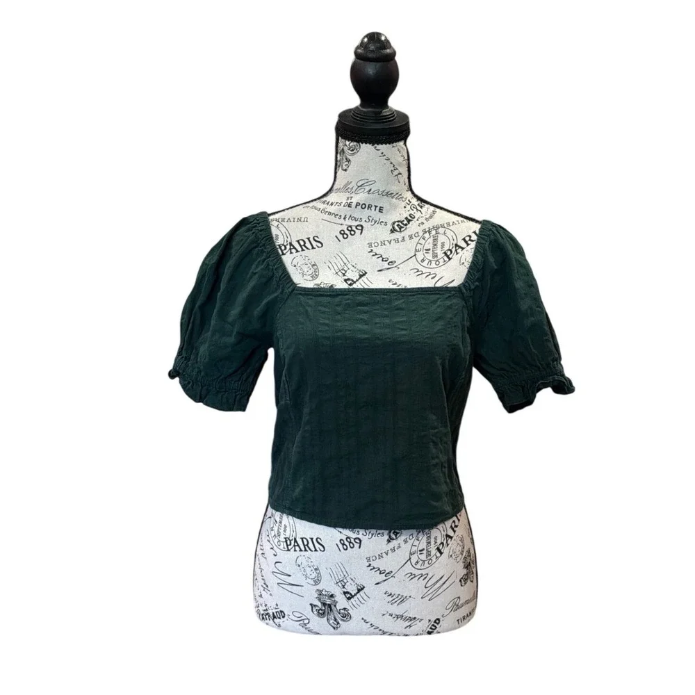 Madewell Dark Green‎ Puff Sleeve Smocked Back Square Neck Top Small Textured
